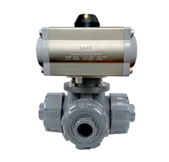 Pneumatic Actuator Operated Three Way UPVC Ball Valve Screwed End 